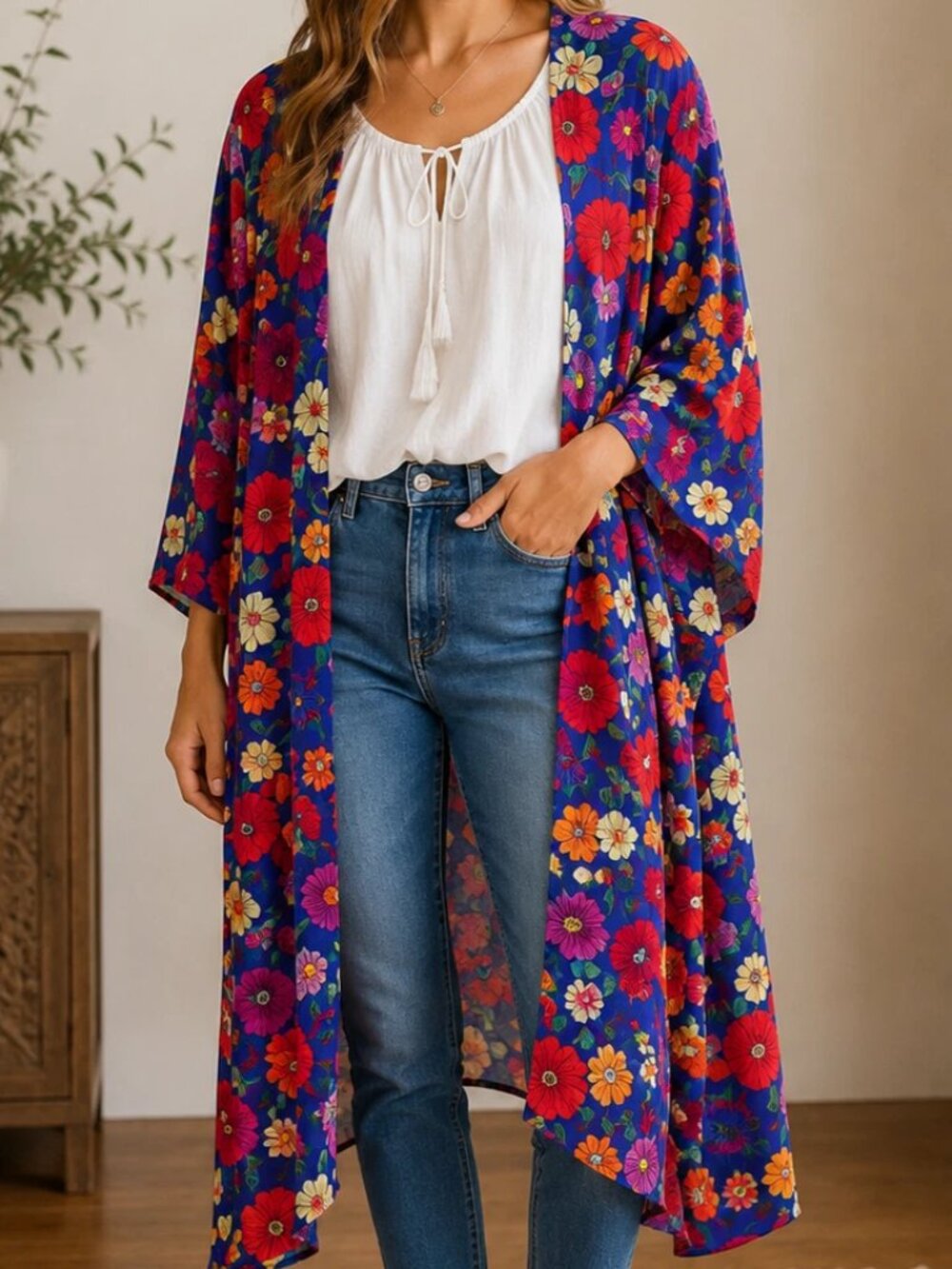 LuLaRoe Cardigan Duster blue / red orange Floral Long Sleeve Pockets Knit Sz M